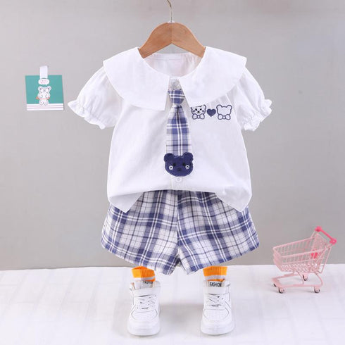 Girls' Foreign Style Plaid Short Sleeve College Uniform Suit